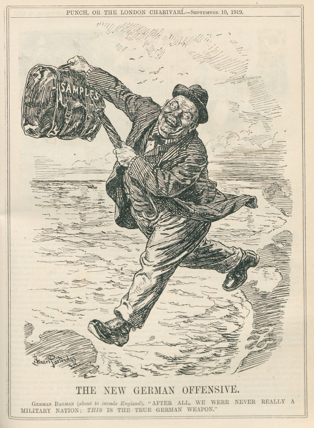 Ein Mann mit Hut hält eine Tasche und steht vor einem Blatt, auf dem 'Die Neue Deutsche Offensive' steht, mit einem entschlossenen Gesichtsausdruck.