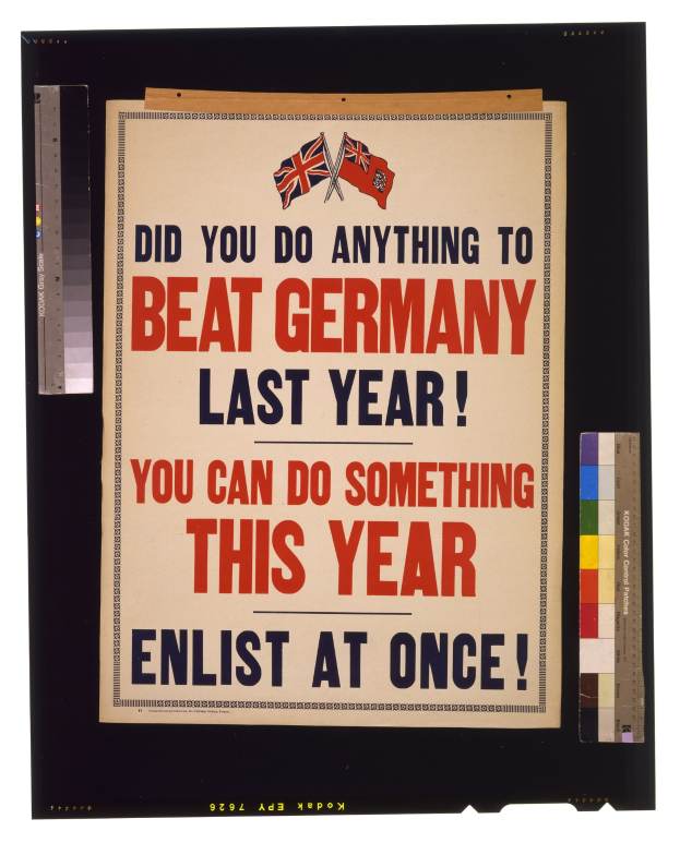 Plakat mit fettem schwarzem Text auf weißem Hintergrund, eingerahmt von einem schwarzen Rand, der zur Einberufung 'Deutschland zu schlagen' aufruft.