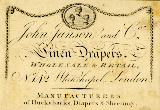 Alte Visitenkarte für John Janson und Co. Leinenwaren, ein Groß- und Einzelhandelsunternehmen, mit Unternehmensdetails und wahrscheinlich Produktbeschreibungen.
