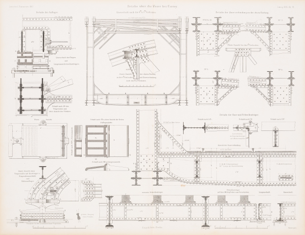 Ausführliches technisches Detail einer Eisenbahnbrücke mit beschrifteten Bauteilen, begleitet von erklärendem Text.
