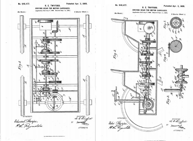 Schwarz-weiß-technische Zeichnung einer getriebegestützten Maschine, wahrscheinlich die erste patentierte Automobildesign, auf weißem Papier mit begleitendem Text.