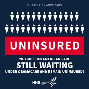 Plakat mit der Aufschrift "28,2 Millionen Amerikaner warten noch auf Obamacare und sind unversichert" mit Logo unten.