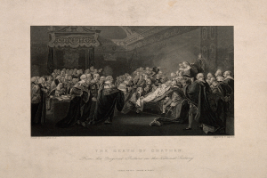 Ein Schwarz-Weiß-Foto einer Gruppe von Menschen in einem Raum, einige sitzen, andere stehen, mit dem Text "Der Tod von Chatham" unten.