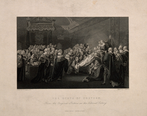 Ein Schwarz-Weiß-Foto einer Gruppe von Menschen in einem Raum, einige sitzen, andere stehen, mit dem Text "Der Tod von Chatham" unten.