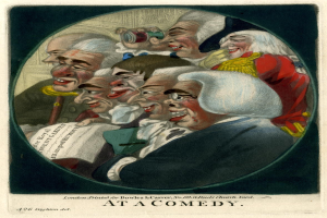 Gruppe von Menschen in einem Kreis lachend, einer hält ein Blatt Papier in der Hand, mit 'Bei einer Comedy'-Text unten.