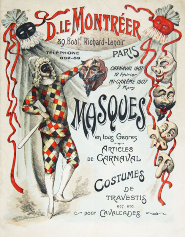 Ein Faschingsplakat aus Paris, Frankreich, das eine kostümierte Person mit einem Stock zeigt, umgeben von Text und Maskenbildern.