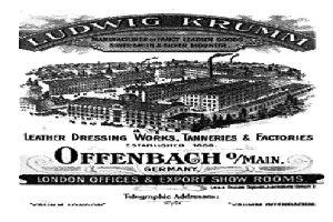 Schwarz-weiß-Anzeige für Ludwig Krumm Lederpflegewerke, Gerbereien & Fabriken in Offenbach, Deutschland, mit einem Gebäude mit Text.