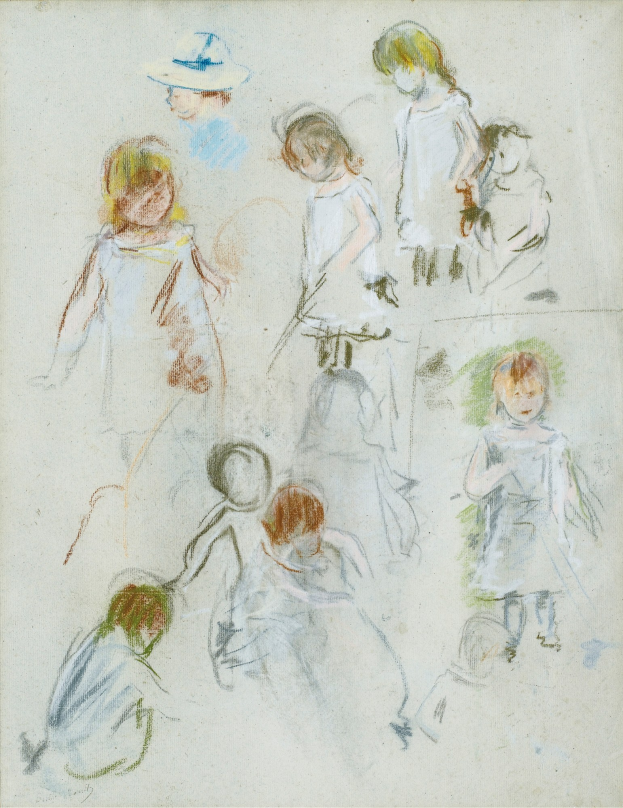 Ein buntes Bild auf Papier zeigt eine Gruppe fröhlicher Kinder, die auf einer Wiese spielen, wobei eines einen Hut trägt und die Arme ausstreckt.