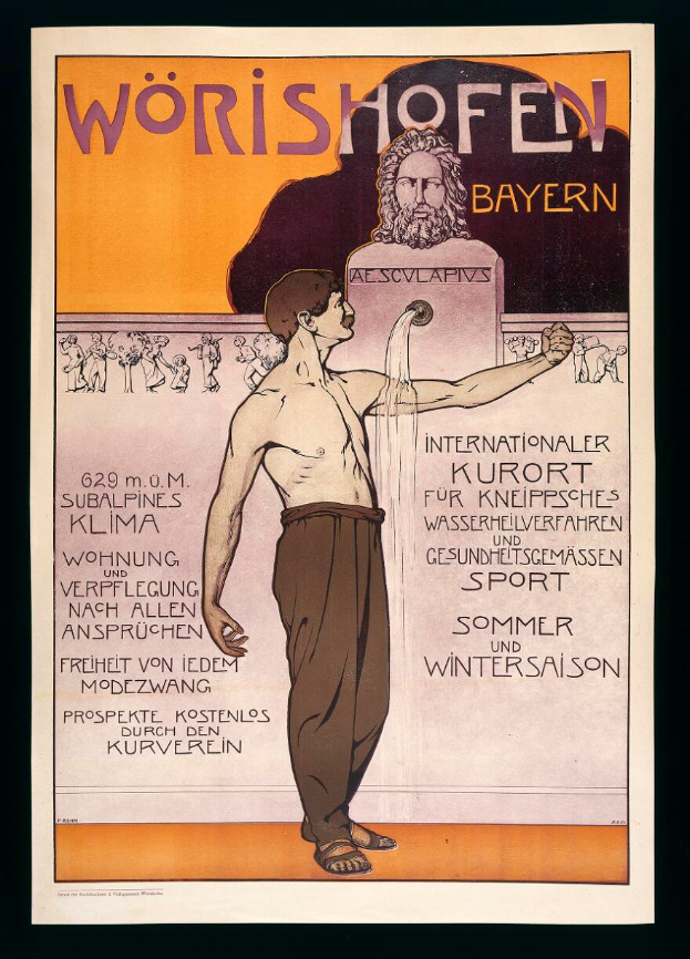 Plakat zum Wörishofer Fest in München, Deutschland, mit einer Person in weißem Hemd und blauer Mütze, die einen Stab und ein Buch hält, und der Aufschrift "Wörishofer Bayerisches Fest" in fetter schwarzer Schrift auf einem hellgelben Hintergrund.