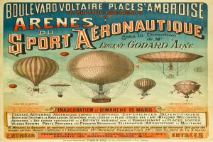 Ein Vintage-Plakat, das ein Sport-Aeronautique-Event ankündigt, mit mehreren Heißluftballons am Himmel und beschreibendem Text.