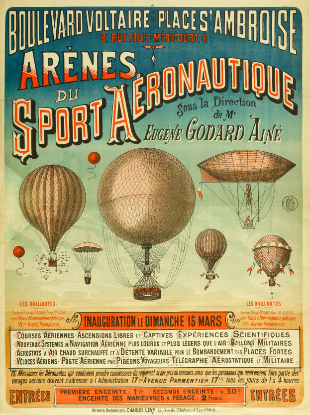 Ein Vintage-Plakat, das ein Sport-Aeronautique-Event ankündigt, mit mehreren Heißluftballons am Himmel und beschreibendem Text.