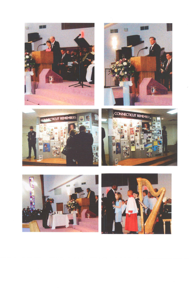 Ein Collage aus sechs Bildern: Ein Mann steht an einem Rednerpult mit einem Mikrofon und einem Blumentopf, Menschen sitzen in Stühlen hinter ihm, eine Anschlagtafel mit Plakaten, drei Menschen stehen, Individuals stehen neben einem Tisch und einer Blumenvase, und ein Musikinstrument.