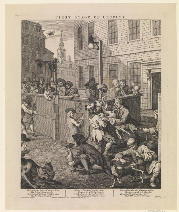Gruppe von Menschen und Tieren vor einem Gebäude mit Fenstern, einem Laternenpfahl und einem Himmel im Hintergrund, mit dem Text "Erste Stufe der Grausamkeit" unten.