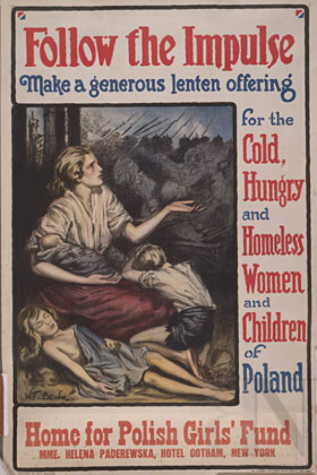 Ein Plakat mit einer Frau in einem weißen Kleid mit ausgebreiteten Armen und zwei Kindern auf dem Boden, mit der Aufschrift "Folgt dem Impuls - Macht ein großzügiges Osteropfer für die kalten, hungrigen und obdachlosen Frauen und Kinder Polens" oben.