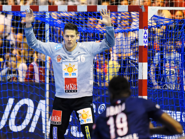 Ein Handballspieler hebt die Hände in der Nähe eines Tores bei der Futsal-Weltmeisterschaft 2019, mit Zuschauern und einem Banner im Hintergrund.