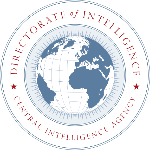 Ein blauer Kreis mit einem weißen Stern in der Mitte, umgeben von einem weißen Rand, und die Wörter "Directorate of Intelligence" in weißer Schrift um den Rand herum, vor einem blauen Hintergrund.