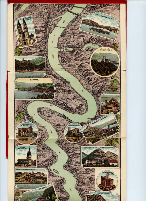 Alte Karte des Rheins in Deutschland in einem Fotorahmen, mit Illustrationen von Gebäuden, Bäumen und Wasser.