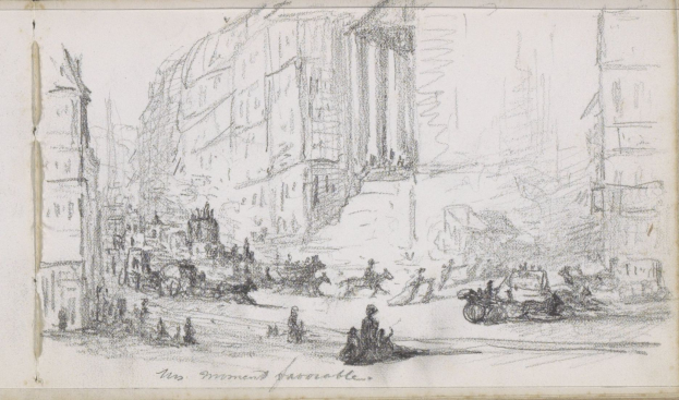 Ein detailliertes Zeichnung eines belebten Stadtstraßenszenario mit Menschen, Fahrzeugen und Gebäuden, geschaffen von Joseph Mallord William Turner, mit Text unten.