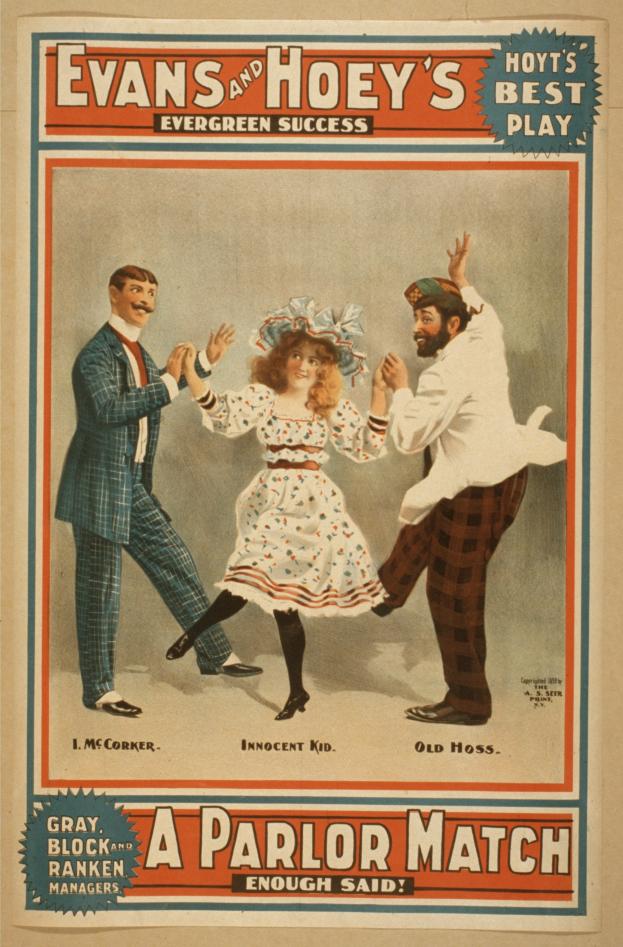 Ein Vintage-Plakat mit einem Mann und einer Frau in Abendgarderobe, die tanzen, mit der Aufschrift "Evans und Hoeys Evergreen-Erfolg: Ein Salon-Match" oben.