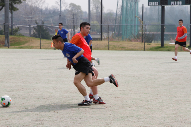 Spieler beim Fußballspielen auf einem von einem Maschendrahtzaun umgebenen Feld zu sehen, im Hintergrund sind Bäume, Leitern und Strommasten zu erkennen.