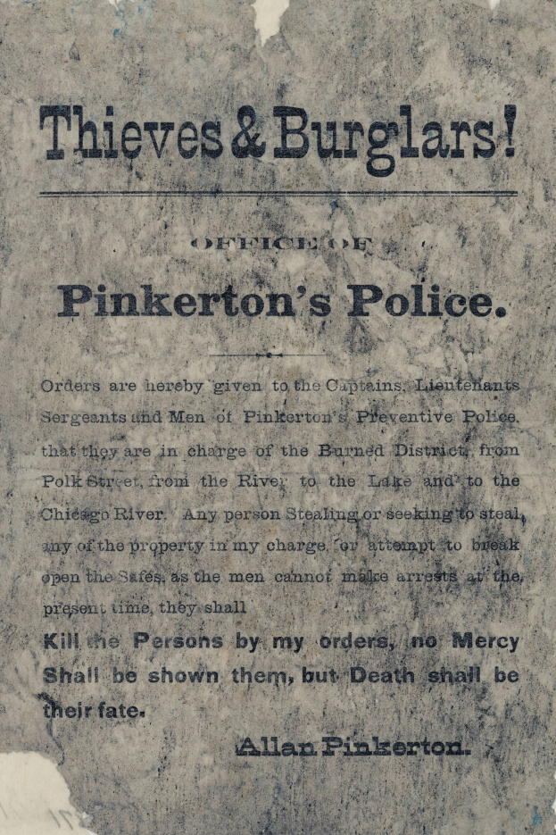 Plakat mit fettem schwarzem Text "Diebe & Einbrecher Pinkerton's Police" auf einem weißen Hintergrund, eingerahmt von einem schmalen schwarzen Rand.