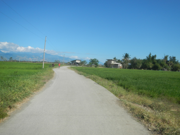 Ein Schotterweg schlängelt sich durch ein grünes Feld mit Fahrradfahrern, gesäumt von Pflanzen und Gras, führt zu einem Hintergrund mit einem Strommast, Häusern, Bäumen, Hügeln und einem bewölkten Himmel.