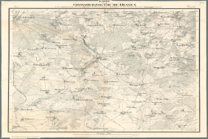 Ein altes Stadtplan von Hessen, Deutschland, gerahmt in einem Fotorahmen mit Text oben und unten auf dem Papier.