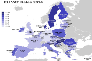 Eine Karte von Europa, die die EU-VAT-Sätze von 2014 als Prozentangaben mit entsprechendem Text anzeigt.