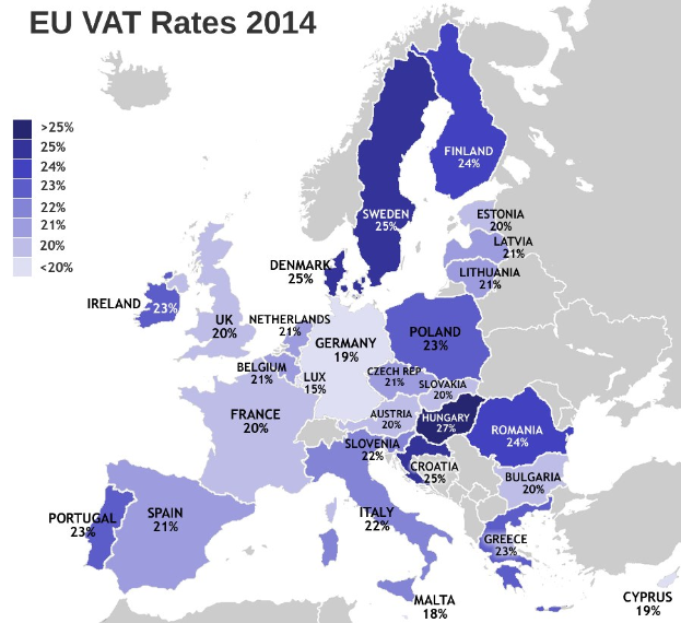 Eine Karte von Europa, die die EU-VAT-Sätze von 2014 als Prozentangaben mit entsprechendem Text anzeigt.