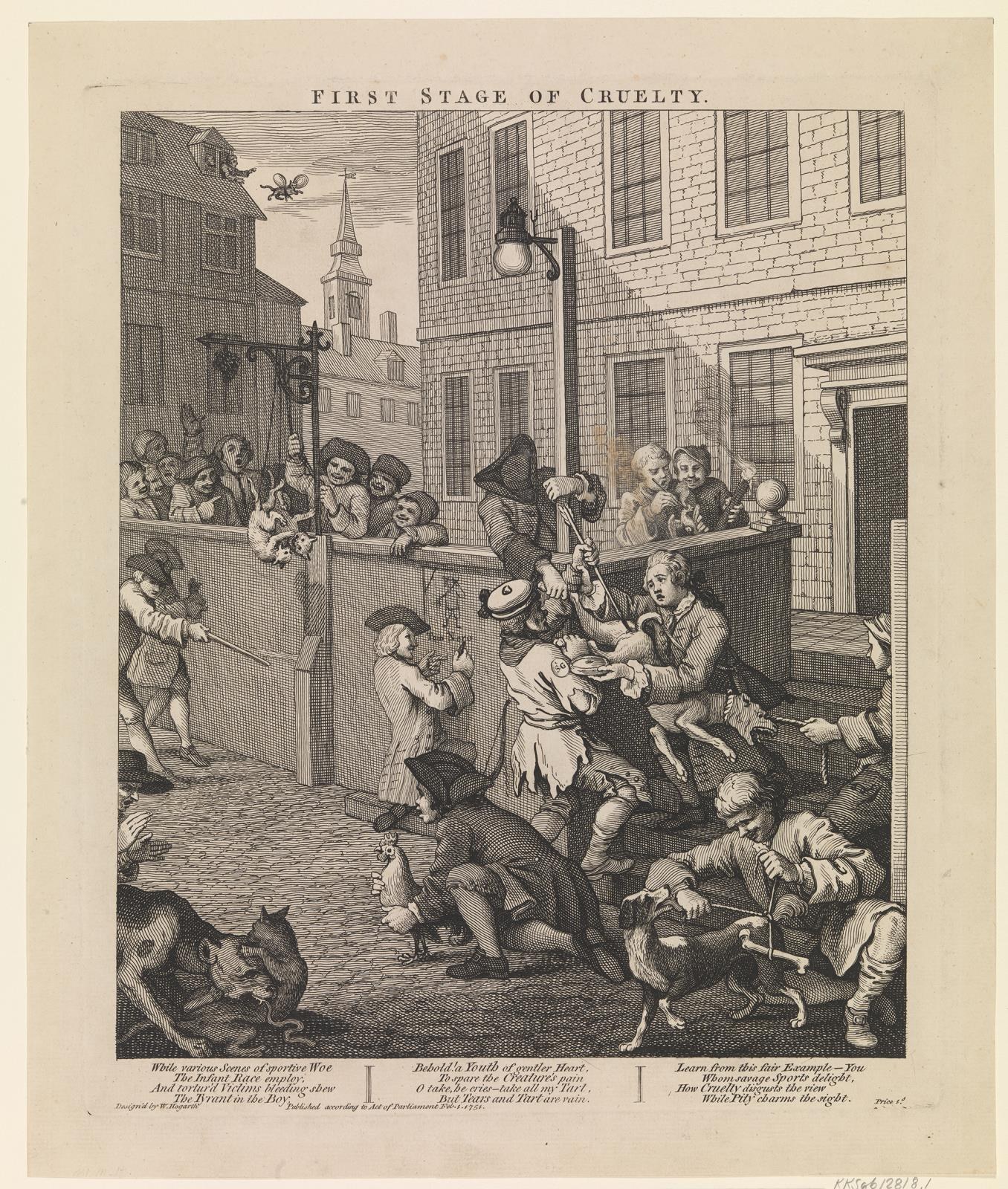 Eine Gruppe von Menschen und Tieren versammelt sich vor einem Gebäude mit Fenstern und einer Laterne, mit der Beschriftung "Erste Stufe der Grausamkeit" unten.