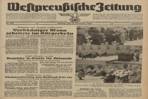 Schwarze und weiße Titelseite einer deutschen Zeitung vom 13. November 1939 mit der Überschrift "Weitpreubliche Zeitung", die eine Gruppe von Menschen in traditioneller deutscher Tracht in einer festlichen Umgebung zeigt.