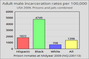 Eine Säulen-Diagramm, das die Inhaftierungsraten von Erwachsenen pro 100.000 in den Vereinigten Staaten zeigt, mit verschiedenen Säulenhöhen, die verschiedene Raten darstellen, und begleitendem Text, der zusätzliche Dateninformationen bereitstellt.