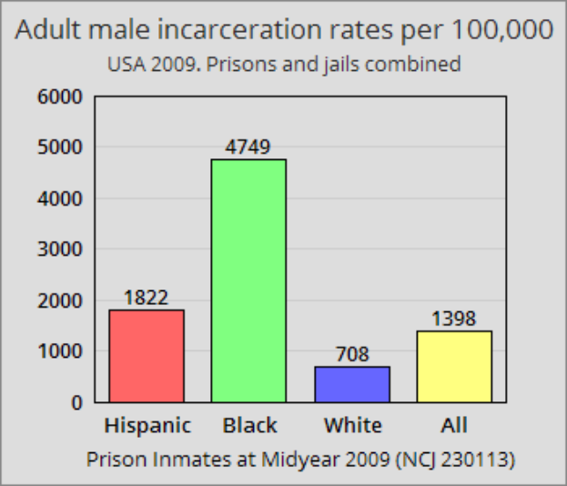 Eine Säulen-Diagramm, das die Inhaftierungsraten von Erwachsenen pro 100.000 in den Vereinigten Staaten zeigt, mit verschiedenen Säulenhöhen, die verschiedene Raten darstellen, und begleitendem Text, der zusätzliche Dateninformationen bereitstellt.