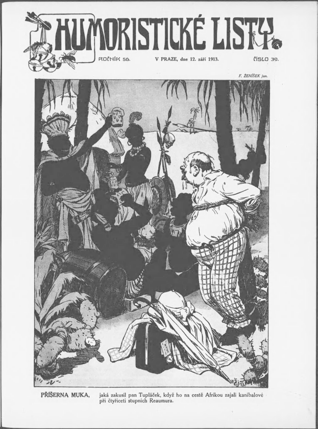 Ein Schwarz-Weiß-Cartoon von einer Gruppe von Menschen im Dschungel mit Bäumen im Hintergrund, mit Text oben und unten 'Humoristické Listy - V Praze, 12. April 1913'.