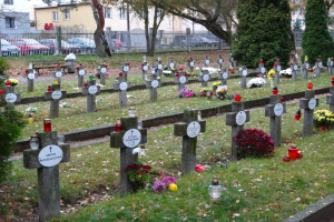 Ein Friedhof mit zahlreichen Gräbern, geschmückt mit Blumen und Kerzen, umgeben von Gras, trockenen Blättern, Pflanzen, Bäumen und einem Zaun, mit Fahrzeugen, Gebäuden und Himmel im Hintergrund.