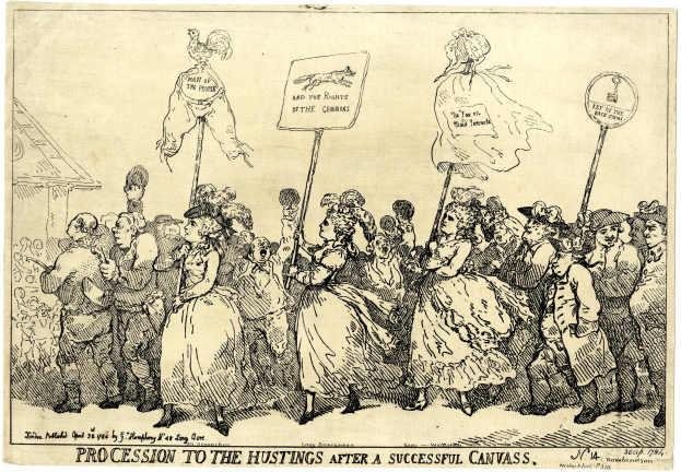 Eine Papierreproduktion, die eine Menschenmenge mit Schildern zeigt, betitelt mit "Prozession zum Wahlkampf nach einem erfolgreichen Canvas".