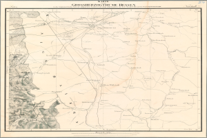 Ein altes Stadtplan von Hessen, Deutschland, gerahmt in einem Foto Rahmen mit Text oben und unten.