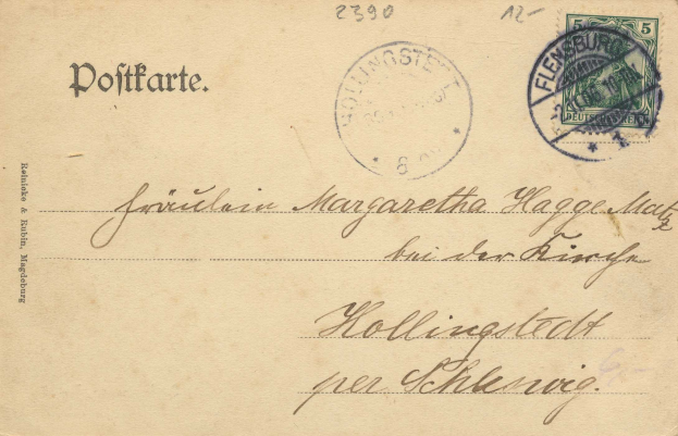 Eine alte Postkarte mit einem deutschen Stempel, auf der der Text 'Hollingstadt' und die Nummer '2390' steht.