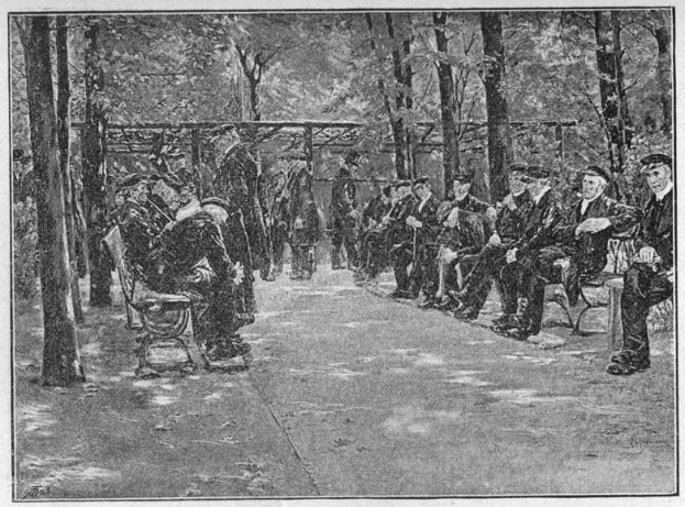 Schwarzes und weißes Foto von Menschen, die auf Parkbänken sitzen, umgeben von Bäumen mit einer Hütte im Hintergrund und Text unten, der den Standort als The New York Public Library in New York City, New Jersey, USA identifiziert.