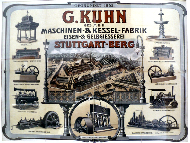 Ein Werbeplakat für die G. Kuhn's Stuttgart-Berg Maschinenbau, das Bilder verschiedener Maschinen und Text zeigt.