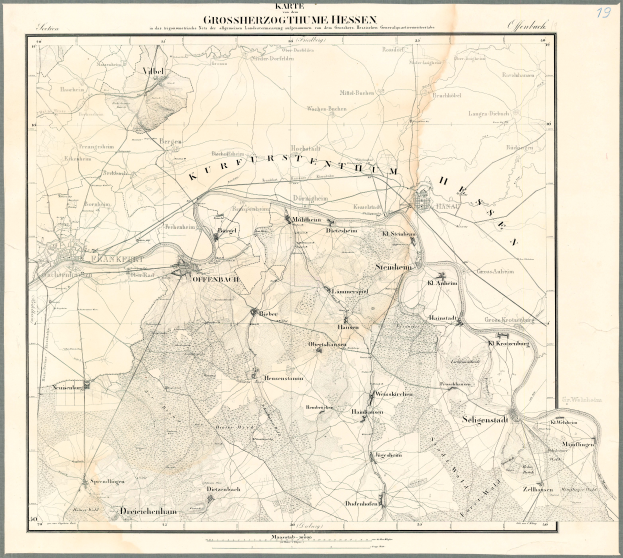 Ein altes Stadtplan von Hessen, Deutschland, mit schwarzen Rändern und Text, in einem Foto Rahmen angezeigt.