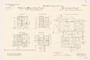 Schwarzer und weißer Grundriss eines ehemaligen Bundeskanzleramts, zeigt detaillierte architektonische Planung und Textanmerkungen.
