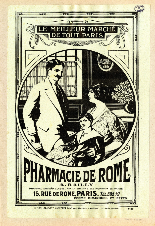 Schwarze-wei├če-Werbung für eine Apotheke in Rom mit einem Mann und einer Frau nebeneinanderstehend, mit Text, der die Apotheke und ihre Dienstleistungen beschreibt.