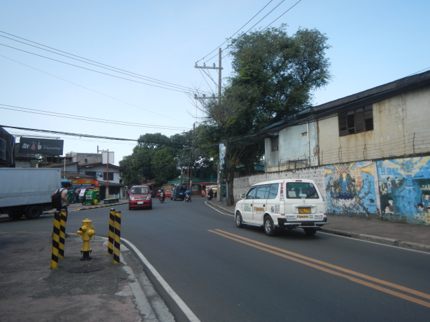Stadtstraße mit fahrenden Fahrzeugen, einem Hydranten, Pollern, Gebäuden, Bäumen, Strommasten und einem sichtbaren Himmel.