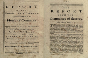 Offenes Buch mit dem Titel "Der Bericht des Geheimhaltungskomitees, ernannt durch Beschluss des Parlaments"