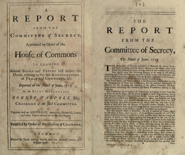 Offenes Buch mit dem Titel "Der Bericht des Geheimhaltungskomitees, ernannt durch Beschluss des Parlaments"