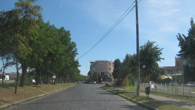 Eine belebte Straße mit verschiedenen Fahrzeugen, gesäumt von Gras, einem Zaun, elektrischen Masten mit Drähten, Bäumen, Bänken und Gebäuden mit Fenstern unter einem hellblauen Himmel.