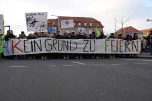 Eine Gruppe von Menschen mit einem Transparent "Kein Grund zu Feiern" protestiert gegen die Sparpolitik der deutschen Regierung auf einer Straße mit Gebäuden, Laternenmasten, Bäumen und einem klaren blauen Himmel im Hintergrund.