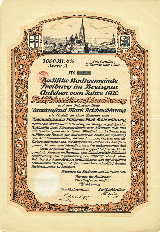 Ein altes deutsches Wertpapierzertifikat mit einer Stadtansicht-Illustration und bedrucktem Text, der den Ursprung des Wertpapiers beschreibt.