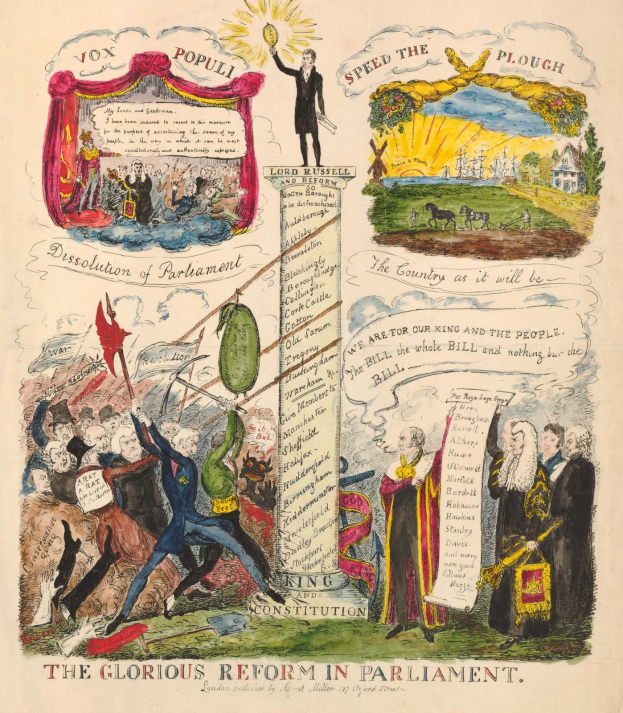 Ein buntes illustriertes Dokument namens "Die glorreiche Reform im Parlament" mit verschiedenen lächelnden Menschen und fetter Schrift, das Fortschritt und Hoffnung symbolisiert.